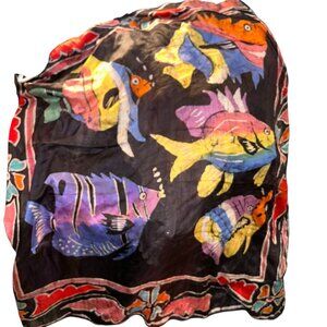 Vintage painted black colorful FISH print 100% SILK scarf